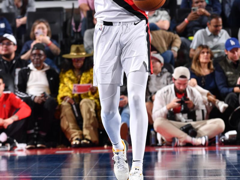 INGLEWOOD, CA - DECEMBER 3: Dalano Banton #5 of the Portland Trail Blazers dribbles the ball during the game against the LA Clippers  on December 3, 2024 at Intuit Dome in Los Angeles, California. NOTE TO USER: User expressly acknowledges and agrees that, by downloading and/or using this Photograph, user is consenting to the terms and conditions of the Getty Images License Agreement. Mandatory Copyright Notice: Copyright 2024 NBAE (Photo by Juan Ocampo/NBAE via Getty Images)