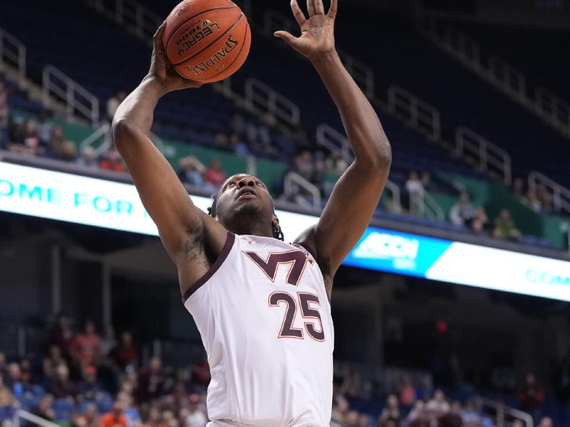 Mar 7, 2023; Greensboro, NC, USA; Virginia Tech Hokies forward Justyn Mutts (25) shoots in the second half at Greensboro Coliseum. Mandatory Credit: Bob Donnan-USA TODAY Sports