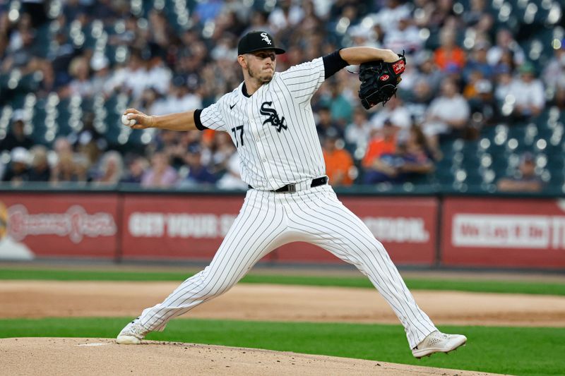 Aug 23, 2024; Chicago, Illinois, USA; Chicago White Sox starting pitcher Chris Flexen (77) delivers a pitch against the Detroit Tigers during the first inning at Guaranteed Rate Field. Mandatory Credit: Kamil Krzaczynski-USA TODAY Sports