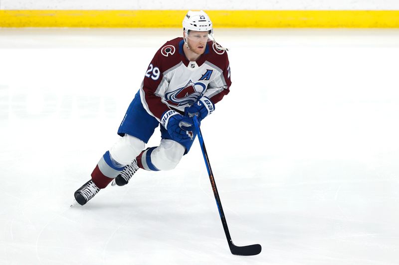 Apr 30, 2024; Winnipeg, Manitoba, CAN; Colorado Avalanche center Nathan MacKinnon (29) warms up before the game against the Winnipeg Jets in game five of the first round of the 2024 Stanley Cup Playoffs at Canada Life Centre. Mandatory Credit: James Carey Lauder-USA TODAY Sports