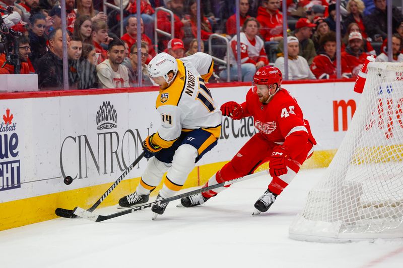 Dec 29, 2023; Detroit, Michigan, USA; Nashville Predators center Gustav Nyquist (14) handles the puck under pressure from Detroit Red Wings defenseman Jeff Petry (46) during the first of the game between the Nashville Predators and the Detroit Red Wings at Little Caesars Arena. Mandatory Credit: Brian Bradshaw Sevald-USA TODAY Sports