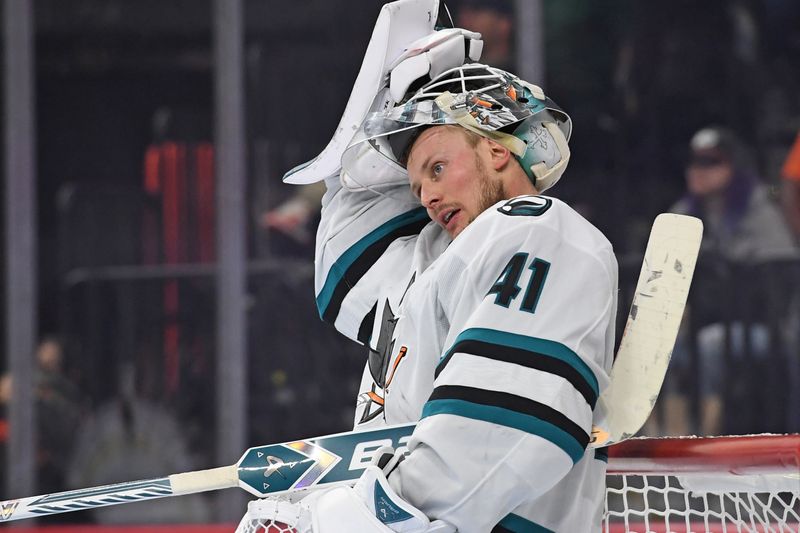 Nov 11, 2024; Philadelphia, Pennsylvania, USA; San Jose Sharks goaltender Vitek Vanecek (41) against the Philadelphia Flyers during the third period at Wells Fargo Center. Mandatory Credit: Eric Hartline-Imagn Images