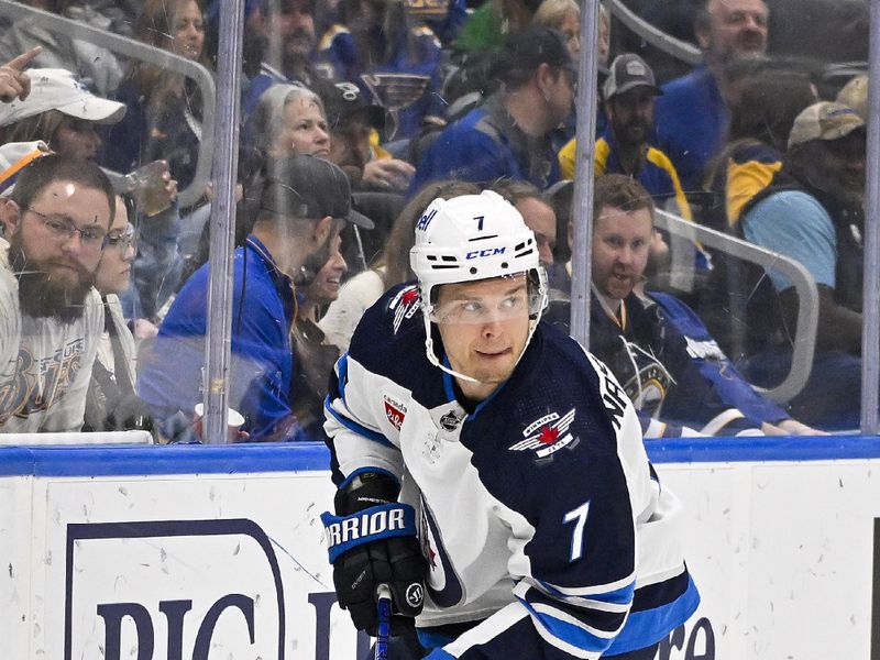 Nov 7, 2023; St. Louis, Missouri, USA;  Winnipeg Jets center Vladislav Namestnikov (7) controls the puck against the St. Louis Blues during the third period at Enterprise Center. Mandatory Credit: Jeff Curry-USA TODAY Sports