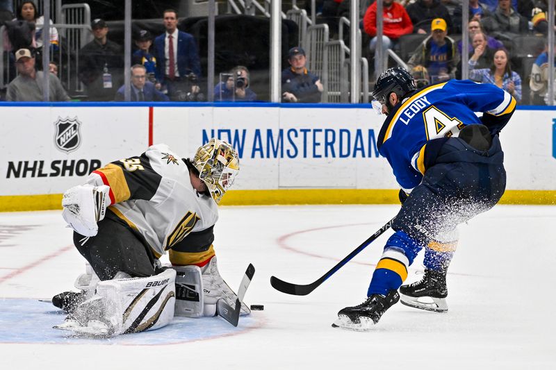 Mar 25, 2024; St. Louis, Missouri, USA;  Vegas Golden Knights goaltender Logan Thompson (36) defends the net against St. Louis Blues defenseman Nick Leddy (4) during the second period at Enterprise Center. Mandatory Credit: Jeff Curry-USA TODAY Sports