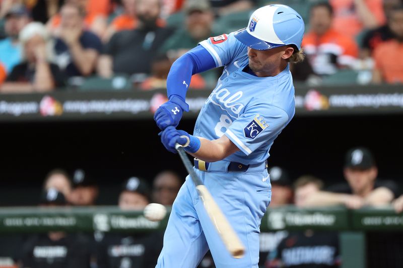 May 2, 2025; Baltimore, Maryland, USA; Kansas City Royals outfielder Drew Waters (8) takes a swing during the second inning against the Baltimore Orioles at Oriole Park at Camden Yards. Mandatory Credit: Daniel Kucin Jr.-Imagn Images
