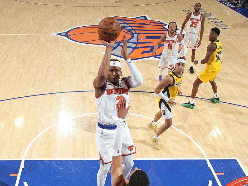 NEW YORK, NY - MAY 21: Miles McBride #2 of the New York Knicks shoots the ball during the game against the Indiana Pacers during Game 1 of the 2025 Eastern Conference Finals on May 21, 2025 at Madison Square Garden in New York City, New York. NOTE TO USER: User expressly acknowledges and agrees that, by downloading and or using this photograph, User is consenting to the terms and conditions of the Getty Images License Agreement. Mandatory Copyright Notice: Copyright 2025 NBAE(Photo by Nathaniel S. Butler/NBAE via Getty Images)