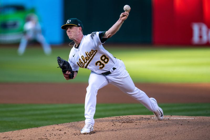 May 30, 2023; Oakland, California, USA;  Oakland Athletics starting pitcher JP Sears (38) delivers a pitch against the Atlanta Braves during the first inning at Oakland-Alameda County Coliseum. Mandatory Credit: Neville E. Guard-USA TODAY Sports