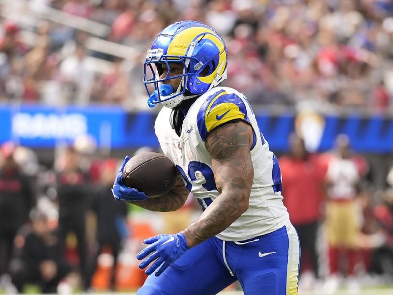 Los Angeles Rams running back Kyren Williams scores against the San Francisco 49ers during the first half of an NFL football game, Sunday, Sept. 22, 2024, in Inglewood, Calif. (AP Photo/Ashley Landis)