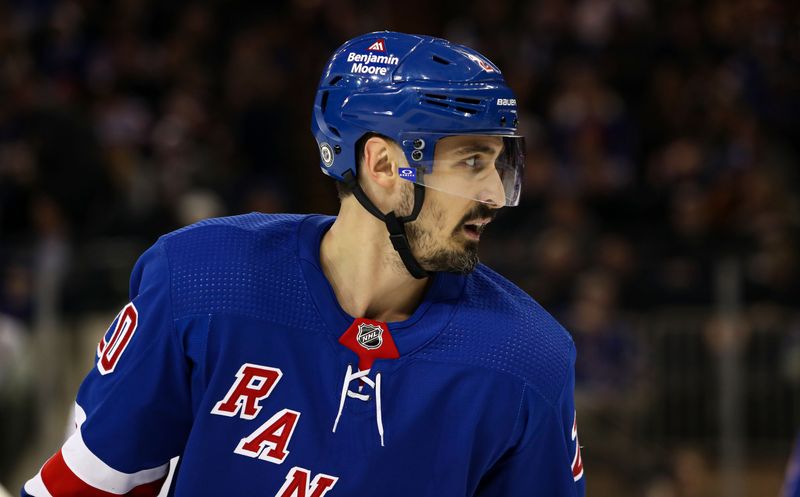 Apr 5, 2023; New York, New York, USA; New York Rangers left wing Chris Kreider (20) during the first period against the Tampa Bay Lightning at Madison Square Garden. Mandatory Credit: Danny Wild-USA TODAY Sports