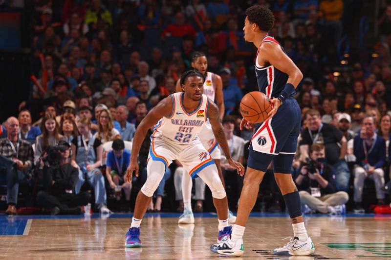 OKLAHOMA CITY, OK - FEBRUARY 23: Cason Wallace #22 of the Oklahoma City Thunder plays defense during the game against the Washington Wizards on February 23, 2024 at Paycom Arena in Oklahoma City, Oklahoma. NOTE TO USER: User expressly acknowledges and agrees that, by downloading and or using this photograph, User is consenting to the terms and conditions of the Getty Images License Agreement. Mandatory Copyright Notice: Copyright 2024 NBAE (Photo by Zach Beeker/NBAE via Getty Images)