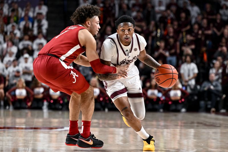 Mar 4, 2023; College Station, Texas, USA; Texas A&M Aggies guard Wade Taylor IV (4) controls the ball as Alabama Crimson Tide guard Mark Sears (1) defends during the second half at Reed Arena. Mandatory Credit: Maria Lysaker-USA TODAY Sports