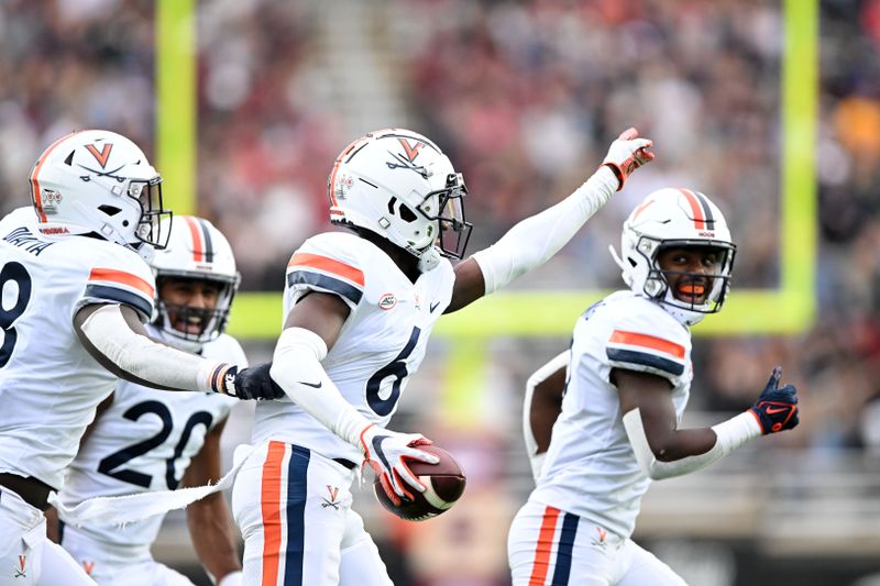 Sep 30, 2023; Chestnut Hill, Massachusetts, USA; Virginia Cavaliers cornerback Dre Walker (6) reacts after making an interception against the Boston College Eagles during the first half at Alumni Stadium. Mandatory Credit: Brian Fluharty-USA TODAY Sports