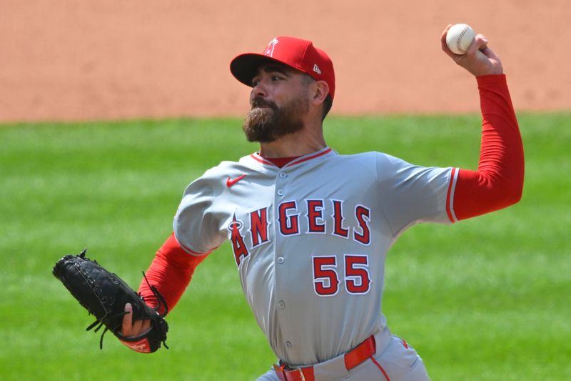 May 5, 2024; Cleveland, Ohio, USA; Los Angeles Angels relief pitcher Matt Moore (55) delivers a pitch in the eighth inning against the Cleveland Guardians at Progressive Field. Mandatory Credit: David Richard-USA TODAY Sports