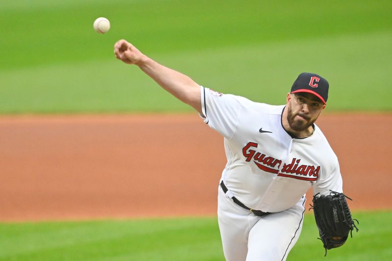 Jun 8, 2023; Cleveland, Ohio, USA; Cleveland Guardians starting pitcher Aaron Civale (43) delivers a pitch in the first inning against the Boston Red Sox at Progressive Field. Mandatory Credit: David Richard-USA TODAY Sports