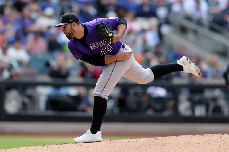 May 31, 2025; New York City, New York, USA; Colorado Rockies starting pitcher Antonio Senzatela (49) follows through on a pitch against the New York Mets during the first inning at Citi Field. Mandatory Credit: Brad Penner-Imagn Images