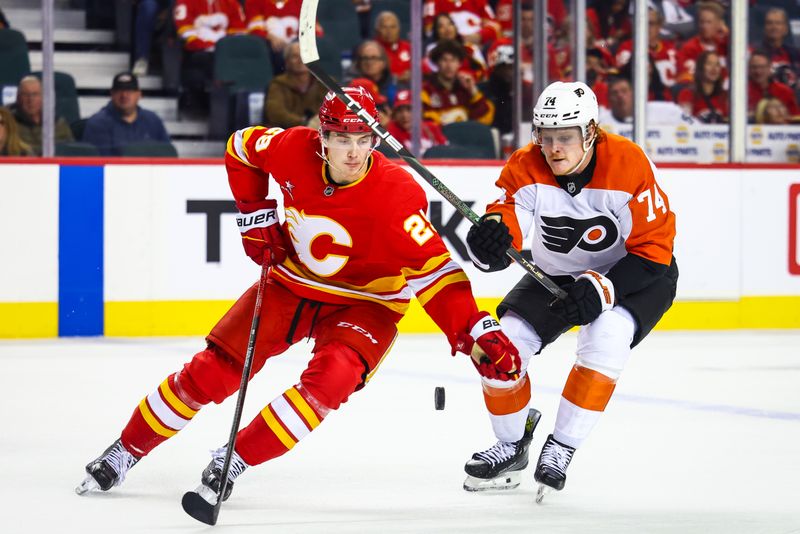 Oct 12, 2024; Calgary, Alberta, CAN; Calgary Flames left wing Samuel Honzek (29) and Philadelphia Flyers right wing Owen Tippett (74) battles for the puck during the third period at Scotiabank Saddledome. Mandatory Credit: Sergei Belski-Imagn Images