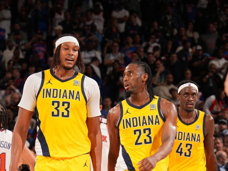 NEW YORK, NY - MAY 23: Myles Turner #33, Aaron Nesmith #23, and Pascal Siakam #43 of the Indiana Pacers look on during the game against the New York Knicks  during Game 2 of the 2025 Eastern Conference Finals on May 23, 2025 at Madison Square Garden in New York City, New York.  NOTE TO USER: User expressly acknowledges and agrees that, by downloading and or using this photograph, User is consenting to the terms and conditions of the Getty Images License Agreement. Mandatory Copyright Notice: Copyright 2025 NBAE  (Photo by Jesse D. Garrabrant/NBAE via Getty Images)