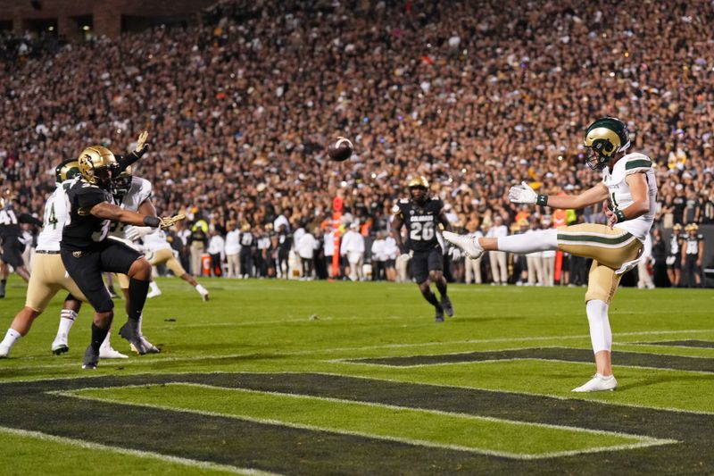 Sep 16, 2023; Boulder, Colorado, USA; Colorado State Rams punter Paddy Turner (41) punts the ball against the Colorado Buffaloes during the first half at Folsom Field. Mandatory Credit: Andrew Wevers-USA TODAY Sports