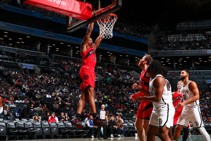 BROOKLYN, NY - OCTOBER 18: Scottie Barnes #4 of the Toronto Raptors dunks the ball during the game on October 18, 2024 at Barclays Center in Brooklyn, New York. NOTE TO USER: User expressly acknowledges and agrees that, by downloading and or using this Photograph, user is consenting to the terms and conditions of the Getty Images License Agreement. Mandatory Copyright Notice: Copyright 2024 NBAE (Photo by David L. Nemec/NBAE via Getty Images)