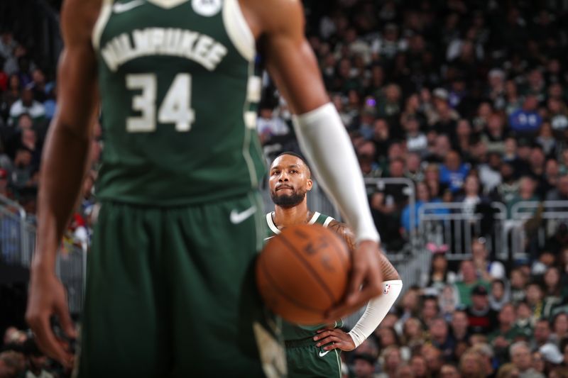 MILWAUKEE, WI - OCTOBER 25: Damian Lillard #0 of the Milwaukee Bucks looks on during the game against the Chicago Bulls on October 25, 2024 at the Fiserv Forum Center in Milwaukee, Wisconsin. NOTE TO USER: User expressly acknowledges and agrees that, by downloading and or using this Photograph, user is consenting to the terms and conditions of the Getty Images License Agreement. Mandatory Copyright Notice: Copyright 2024 NBAE (Photo by Gary Dineen/NBAE via Getty Images).