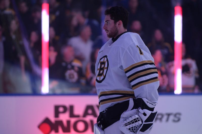 Feb 24, 2024; Vancouver, British Columbia, CAN;  Boston Bruins goaltender Jeremy Swayman (1) awaits the start of the game against the Vancouver Canucks during the first period at Rogers Arena. Mandatory Credit: Anne-Marie Sorvin-USA TODAY Sports