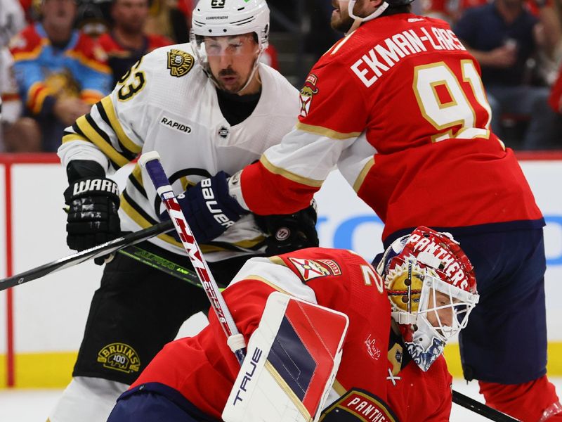 May 6, 2024; Sunrise, Florida, USA; Florida Panthers goaltender Sergei Bobrovsky (72) makes a save against the Boston Bruins during the first period in game one of the second round of the 2024 Stanley Cup Playoffs at Amerant Bank Arena. Mandatory Credit: Sam Navarro-USA TODAY Sports