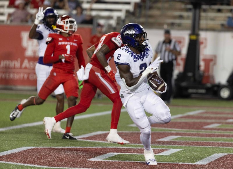 Sep 16, 2023; Houston, Texas, USA; TCU Horned Frogs running back Trey Sanders (2) rushes for a touchdown against the Houston Cougars in the second half at TDECU Stadium. Mandatory Credit: Thomas Shea-USA TODAY Sports