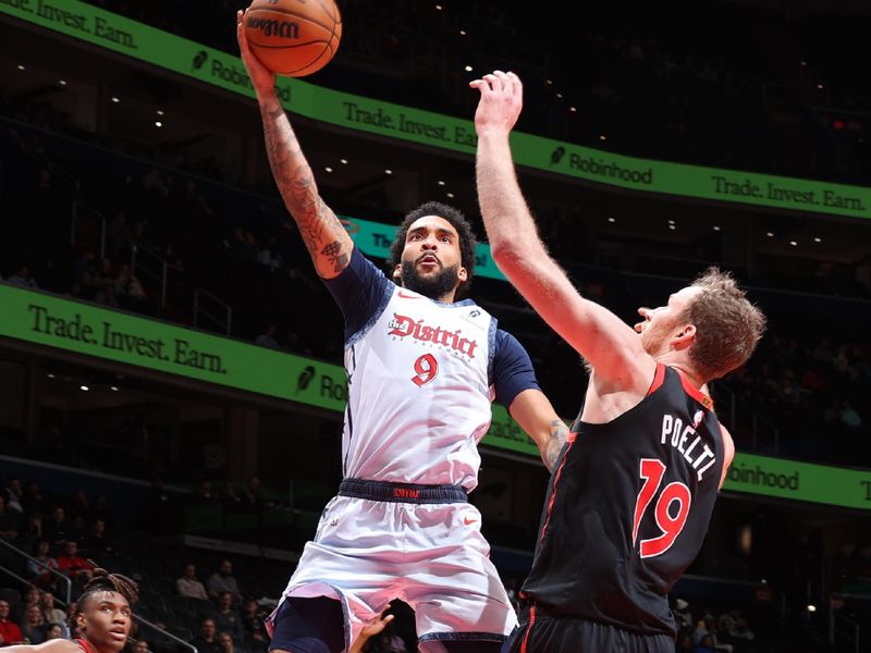 WASHINGTON, DC -?JANUARY 29: Justin Champagnie #9 of the Washington Wizards drives to the basket during the game against the Toronto Raptors on January 29, 2025 at Capital One Arena in Washington, DC. NOTE TO USER: User expressly acknowledges and agrees that, by downloading and or using this Photograph, user is consenting to the terms and conditions of the Getty Images License Agreement. Mandatory Copyright Notice: Copyright 2025 NBAE (Photo by Stephen Gosling/NBAE via Getty Images)