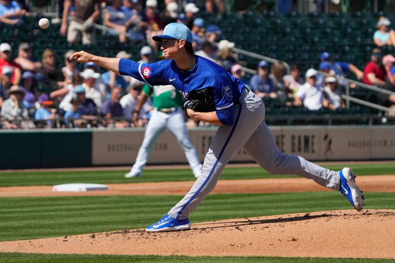 Mar 10, 2024; Mesa, Arizona, USA; Kansas City Royals starting pitcher Brady Singer (51) throws against the Oakland Athletics in the first inning at Hohokam Stadium. Mandatory Credit: Rick Scuteri-USA TODAY Sports