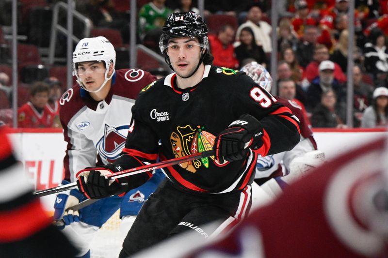 Mar 20, 2026; Chicago, Illinois, USA;  Chicago Blackhawks center Frank Nazar (91) looks on against the Colorado Avalanche during the first period at United Center. Mandatory Credit: Matt Marton-Imagn Images