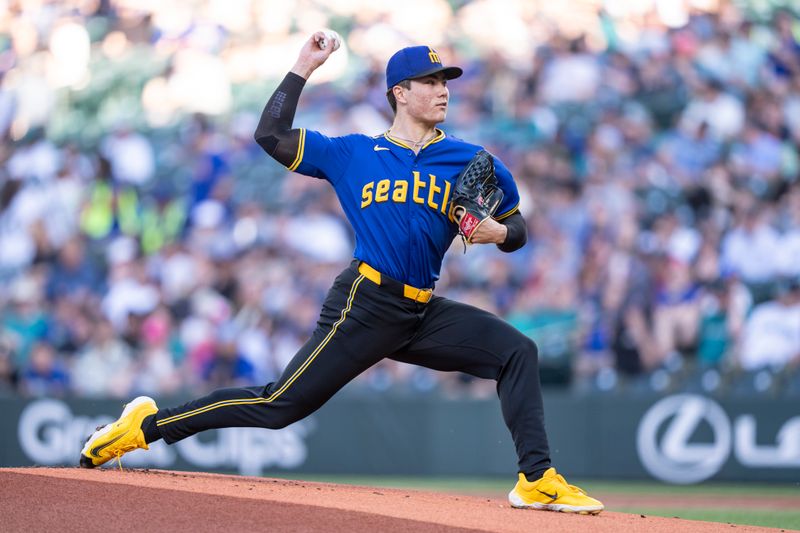 May 8, 2024; Seattle, Washington, USA; Seattle Mariners starter Bryan Woo (22) delivers a pitch during the first inning against the Oakland Athletics at Lumen Field. Mandatory Credit: Stephen Brashear-USA TODAY Sports