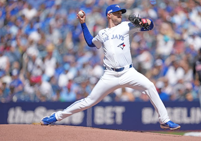 Jun 15, 2024; Toronto, Ontario, CAN; Toronto Blue Jays starting pitcher Trevor Richards (33) throws a pitch against the Cleveland Guardians during the first inning at Rogers Centre. Mandatory Credit: Nick Turchiaro-USA TODAY Sports