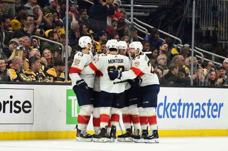 May 17, 2024; Boston, Massachusetts, USA; The Florida Panthers celebrate after a goal by defenseman Gustav Forsling (42) during the third period in game six of the second round of the 2024 Stanley Cup Playoffs against the Boston Bruins at TD Garden. Mandatory Credit: Bob DeChiara-USA TODAY Sports