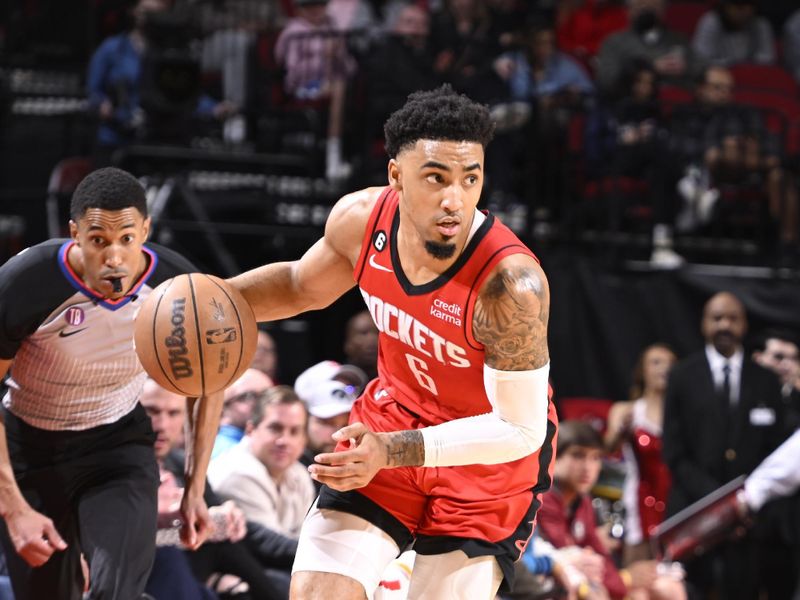 HOUSTON, TX - JANUARY 23:   Kenyon Martin Jr. #6 of the Houston Rockets drives to the basket during the game against the Minnesota Timberwolves on January 23, 2023 at the Toyota Center in Houston, Texas. NOTE TO USER: User expressly acknowledges and agrees that, by downloading and or using this photograph, User is consenting to the terms and conditions of the Getty Images License Agreement. Mandatory Copyright Notice: Copyright 2023 NBAE (Photo by Logan Riely/NBAE via Getty Images)