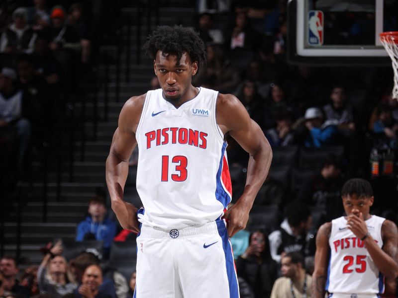 BROOKLYN, NY - APRIL 6: James Wiseman #13 of the Detroit Pistons looks on during the game against the Brooklyn Nets on April 6, 2024 at Barclays Center in Brooklyn, New York. NOTE TO USER: User expressly acknowledges and agrees that, by downloading and or using this Photograph, user is consenting to the terms and conditions of the Getty Images License Agreement. Mandatory Copyright Notice: Copyright 2024 NBAE (Photo by Nathaniel S. Butler/NBAE via Getty Images)