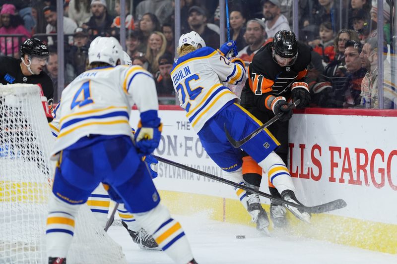 Nov 16, 2024; Philadelphia, Pennsylvania, USA; Buffalo Sabres defenseman Rasmus Dahlin (26) collides with Philadelphia Flyers right wing Tyson Foerster (71) in the third period at Wells Fargo Center. Mandatory Credit: Kyle Ross-Imagn Images