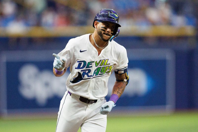 Jun 28, 2024; St. Petersburg, Florida, USA;  Tampa Bay Rays outfielder Jose Siri (22) runs the bases after hitting a home run against the Washington Nationals in the second inning at Tropicana Field. Mandatory Credit: Nathan Ray Seebeck-USA TODAY Sports