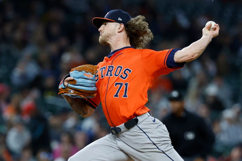 May 10, 2024; Detroit, Michigan, USA;  Houston Astros relief pitcher Josh Hader (71) pitches in the ninth inning against the Detroit Tigers at Comerica Park. Mandatory Credit: Rick Osentoski-USA TODAY Sports