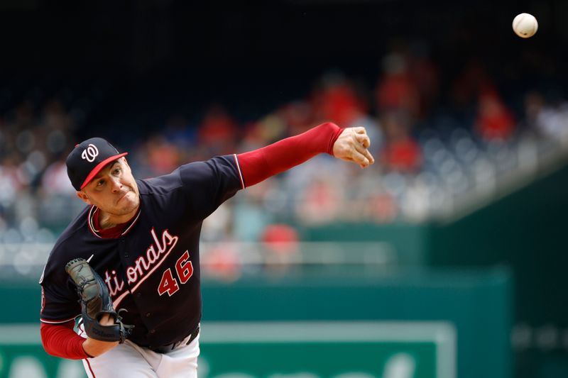 Jul 9, 2023; Washington, District of Columbia, USA; Washington Nationals starting pitcher Patrick Corbin (46) pitches against the Texas Rangers during the first inning at Nationals Park. Mandatory Credit: Geoff Burke-USA TODAY Sports