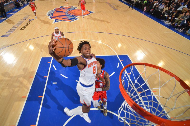 NEW YORK, NY - APRIL 20: OG Anunoby #8 of the New York Knicks dunks the ball during the game against the Philadelphia 76ers during Round 1 Game 1 of the 2024 NBA Playoffs on April 20, 2024 at Madison Square Garden in New York City, New York.  NOTE TO USER: User expressly acknowledges and agrees that, by downloading and or using this photograph, User is consenting to the terms and conditions of the Getty Images License Agreement. Mandatory Copyright Notice: Copyright 2024 NBAE  (Photo Jesse D. Garrabrant/NBAE via Getty Images)