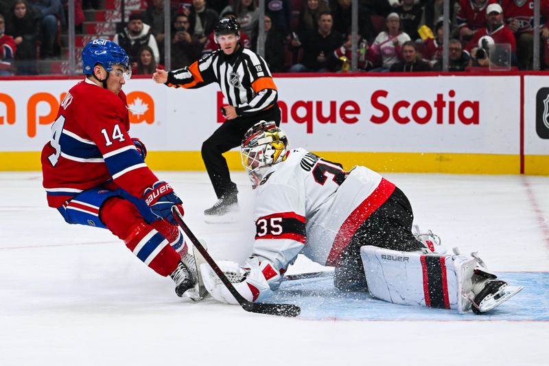 Oct 12, 2024; Montreal, Quebec, CAN; Ottawa Senators goalie Linus Ullmark (35) makes a save against Montreal Canadiens center Nick Suzuki (14) during the third period at Bell Centre. Mandatory Credit: David Kirouac-Imagn Images