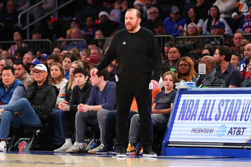 NEW YORK, NEW YORK - DECEMBER 25: Tom Thibodeau head coach of the New York Knicks during the third quarter against the Milwaukee Bucks at Madison Square Garden on December 25, 2023 in New York City.  NOTE TO USER: User expressly acknowledges and agrees that, by downloading and or using this photograph, User is consenting to the terms and conditions of the Getty Images License Agreement. (Photo by Rich Graessle/Getty Images)