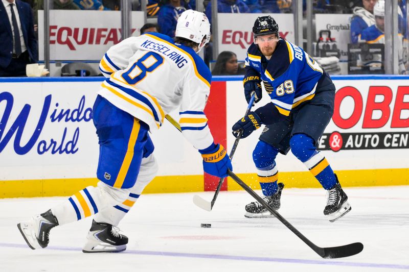 Dec 29, 2025; St. Louis, Missouri, USA; St. Louis Blues left wing Pavel Buchnevich (89) controls the puck as Buffalo Sabres defenseman Michael Kesselring (8) defends during the second period at Enterprise Center. Mandatory Credit: Jeff Curry-Imagn Images
