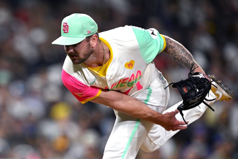 Jul 12, 2024; San Diego, California, USA; San Diego Padres relief pitcher Logan Gillaspie (71) pitches against the Atlanta Braves during the eighth inning at Petco Park. Mandatory Credit: Orlando Ramirez-USA TODAY Sports 