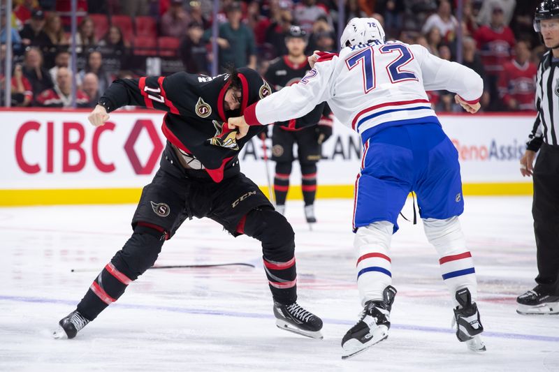 Oct 5, 2024; Ottawa, Ontario, CAN; Ottawa Senators right wing Zack MacEwen (17) fights with Montreal Canadiens defenseman Arber Xhekaj (72) in the first period at the Canadian Tire Centre. Mandatory Credit: Marc DesRosiers-Imagn Images