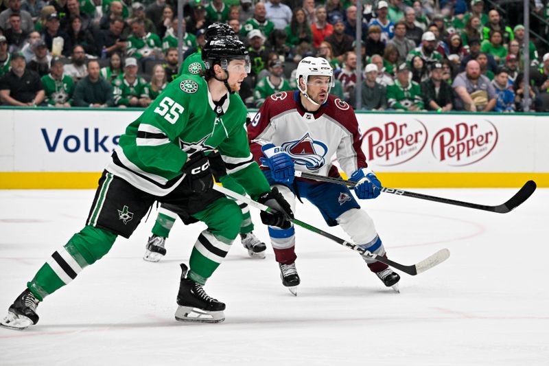 May 9, 2024; Dallas, Texas, USA; Dallas Stars defenseman Thomas Harley (55) and Colorado Avalanche left wing Zach Parise (9) look for the puck in the Stars zone during the third period in game two of the second round of the 2024 Stanley Cup Playoffs at American Airlines Center. Mandatory Credit: Jerome Miron-USA TODAY Sports