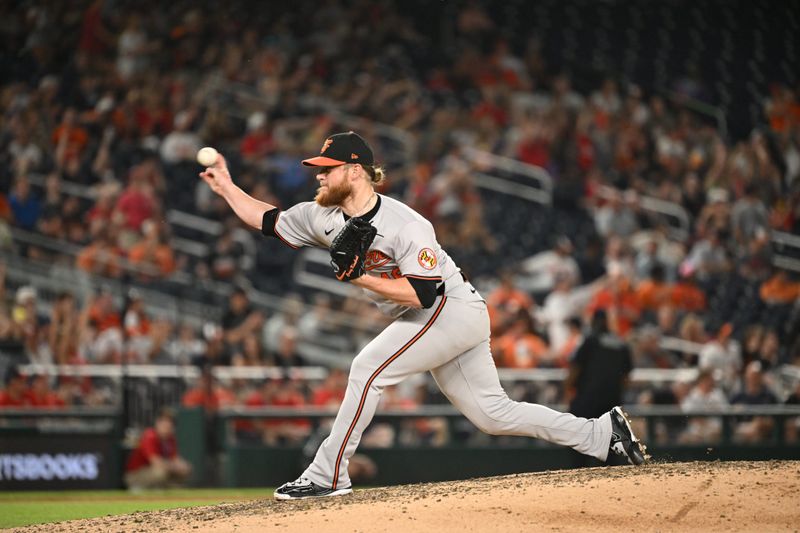 May 8, 2024; Washington, District of Columbia, USA; Baltimore Orioles pitcher Craig Kimbrel (46) throws a pitch against the Washington Nationals during the ninth inning at Nationals Park. Mandatory Credit: Rafael Suanes-USA TODAY Sports