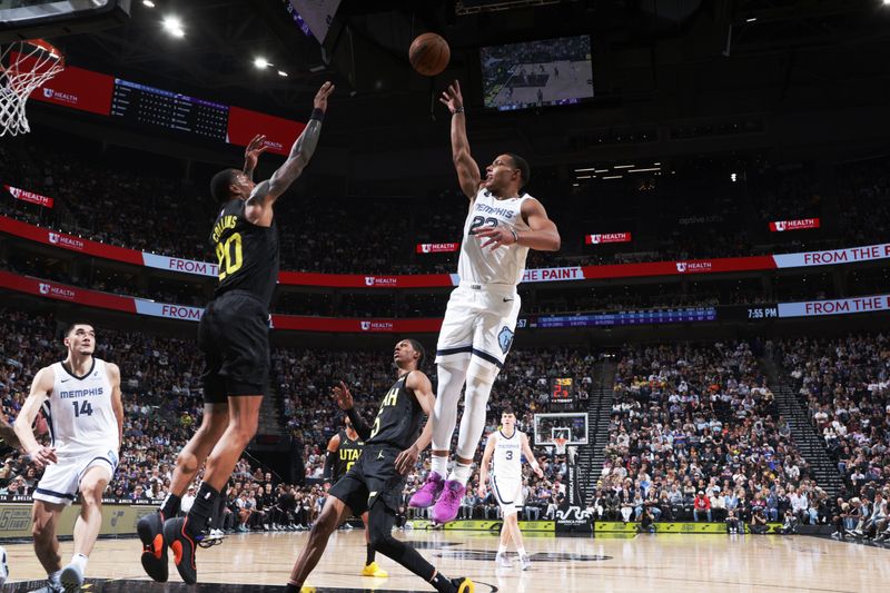 SALT LAKE CITY, UT - OCTOBER 23: Desmond Bane #22 of the Memphis Grizzlies shoots the ball during the game against the Utah Jazz on OCTOBER 23, 2024 at vivint.SmartHome Arena in Salt Lake City, Utah. NOTE TO USER: User expressly acknowledges and agrees that, by downloading and or using this Photograph, User is consenting to the terms and conditions of the Getty Images License Agreement. Mandatory Copyright Notice: Copyright 2024 NBAE (Photo by Melissa Majchrzak/NBAE via Getty Images)