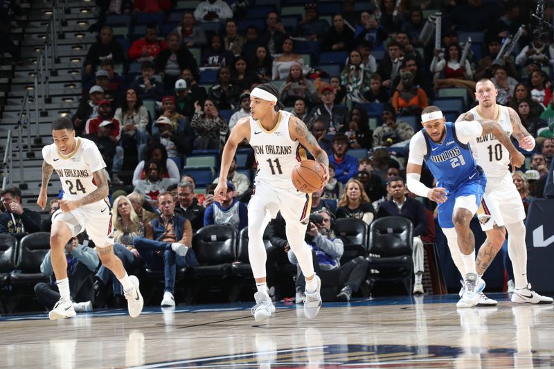 NEW ORLEANS, LA - JANUARY 15:  Brandon Boston Jr. #11 of the New Orleans Pelicans dribbles the ball during the game against the Dallas Mavericks on January 15, 2025 at the Smoothie King Center in New Orleans, Louisiana. NOTE TO USER: User expressly acknowledges and agrees that, by downloading and or using this Photograph, user is consenting to the terms and conditions of the Getty Images License Agreement. Mandatory Copyright Notice: Copyright 2025 NBAE (Photo by Layne Murdoch Jr./NBAE via Getty Images)