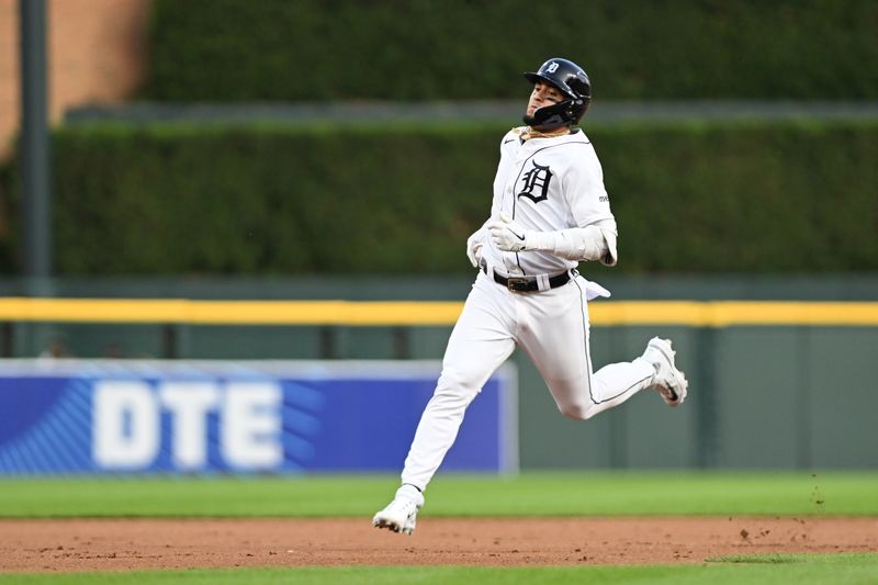 Jul 21, 2023; Detroit, Michigan, USA;  Detroit Tigers shortstop Javier Baez (28) runs to third base for a stand up triple against San Diego Padres starting pitcher Seth Lugo (67) (not pictured) in the sixth inning at Comerica Park. Mandatory Credit: Lon Horwedel-USA TODAY Sports